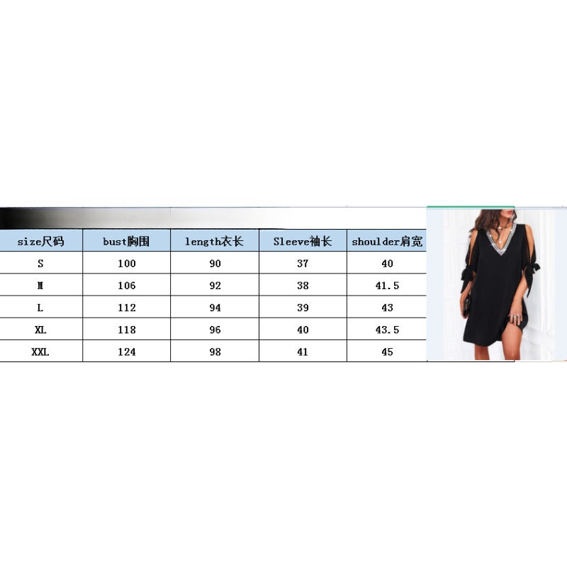Wholesale Polyester Sequin V-neck Patchwork Lace Up Temperament Loose Off Shoulder Half Sleeved Dresses